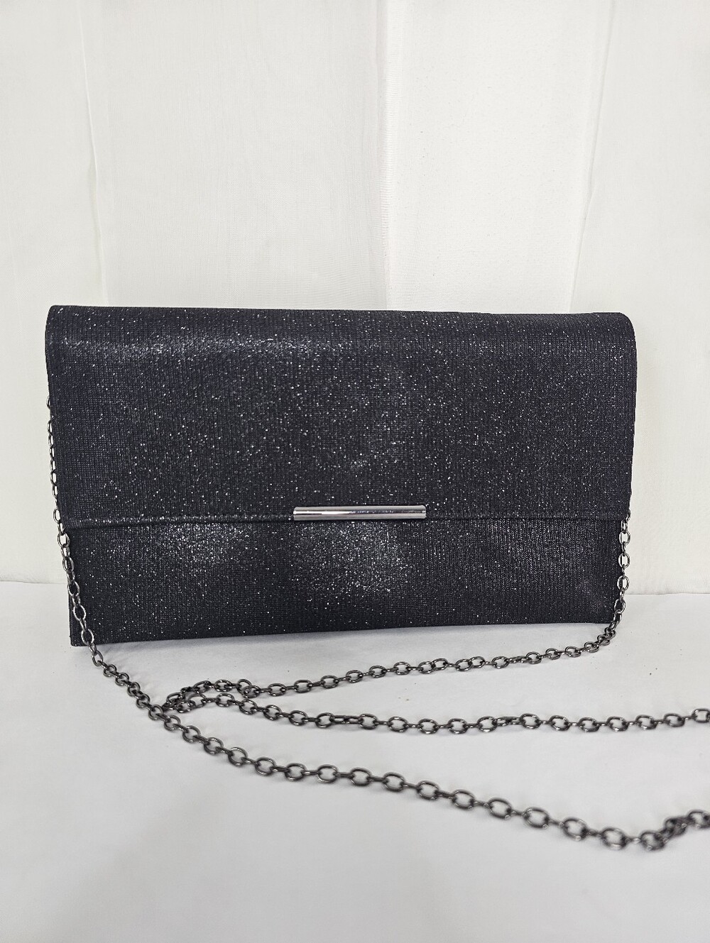 La Regale Black Sparkle Glitter Chain Clutch Evening Bag